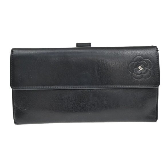 CHANEL CC Logo Camellia Long Bifold Wallet Purse Leather Black SHW - Picture 1 of 14